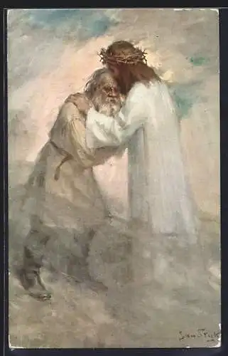 Künstler-AK Tolstoi embracing Jesus-Christ