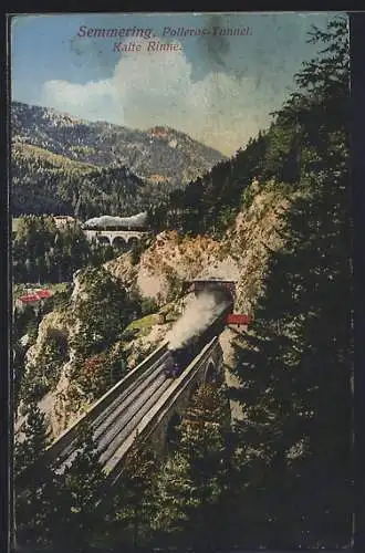 AK Semmering /Kalte Rinne, Eisenbahn fährt aus dem Polleros-Tunnel