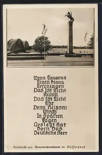 AK Düsseldorf, Ulanendenkmal, Inschrift