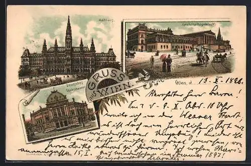 Lithographie Wien, Deutsches Volkstheater, Rathhaus und Reichsrathsgebäude