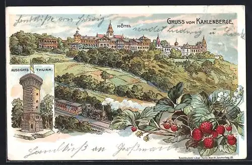 Lithographie Wien-Kahlenberg, Aussichtsturm, Hotel und Bergbahn