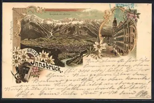 Lithographie Innsbruck, Gasthaus Goldenes Dachl und Stadtturm, Teilansicht vom Sillthal