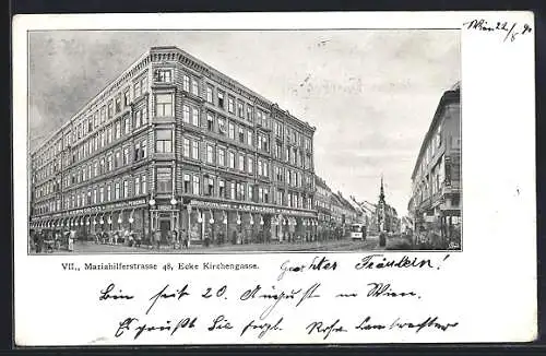 AK Wien, Mariahilferstrasse 48, Ecke Kirchengasse, Kaufhaus, Strassenbahn