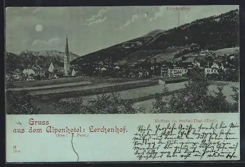 Mondschein-AK Mieders im Stubaital, Ansicht mit Kirche bei Nacht