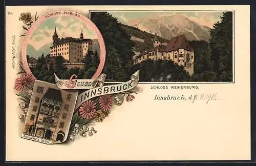 Lithographie Innsbruck, das Schloss Ambras, das Schloss Weiherburg