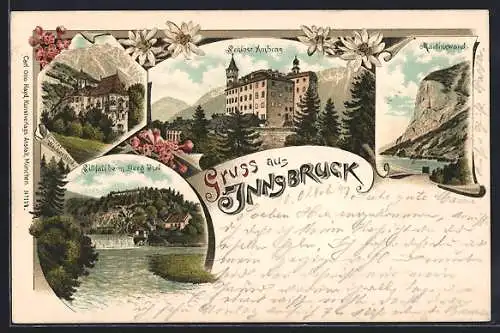 Lithographie Innsbruck, Martinswand, Schloss Ambras, Sillfall beim Berg Isel