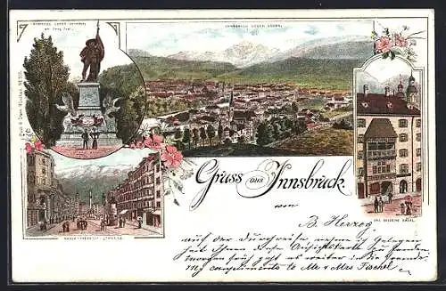 Lithographie Innsbruck, Ansicht gegen Süden, Maria-Theresia-Strasse und das Goldene Dachl