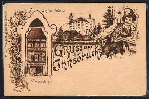 Lithographie Innsbruck, Schloss Ambrus, Goldenes Dachel