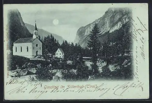 Mondschein-AK Ginzling im Zillertal, Ansicht mit Kirche bei Nacht