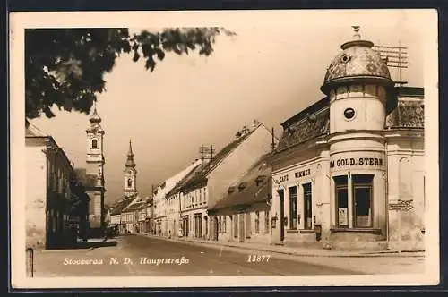 AK Stockerau, Hauptstrasse mit Wimmers Cafe Goldener Stern