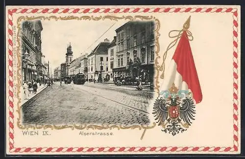 AK Wien, Strassenbahn in der Alserstrasse, Passepartout mit Reichswappen und Flagge