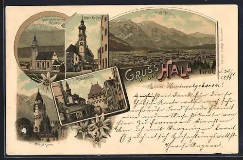 Lithographie Hall /Tirol, Stadtplatz, Münzturm, Pfarr-Kirche, Wallfahrtskirche Absam