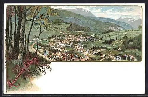 Lithographie Mürzzuschlag, Panorama ins Tal