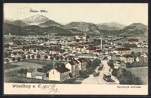 Lithographie Wieselburg a. E., Ortsansicht mit Blick auf Berlandschaft