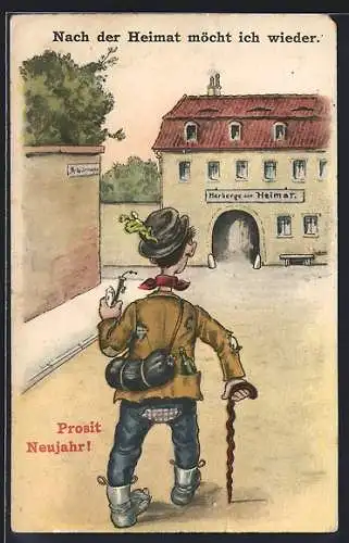 Künstler-AK Landstreicher geht auf die Herberge zur Heimat zu