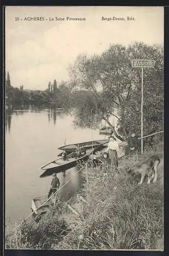 AK Achères, La Seine pittoresque avec passeur et barques