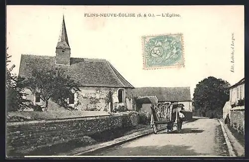 AK Flins-Neuve-Église, L`église et rue avec charrette