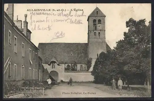 AK Allainville, L`église avec rue adjacente et passants