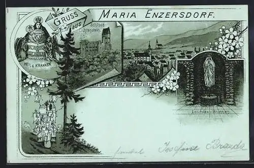 Mondschein-Lithographie Maria Enzersdorf, Heiligenbild, Schloss Lichtenstein, Lourdes-Brunnen