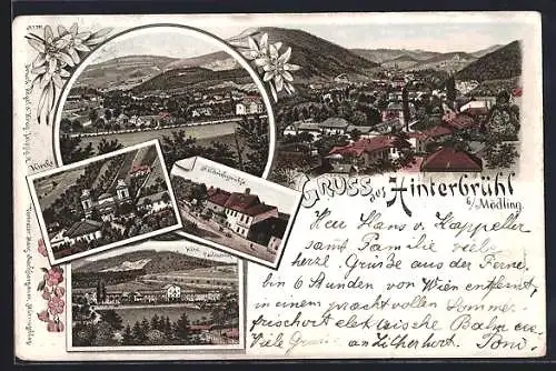 Lithographie Hinterbrühl, Blick über die Dächer, Höldrichsmühle, Hotel Paulinenhof