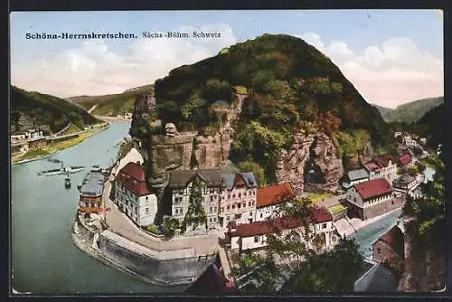 AK Schöna-Herrnskretschen-Hrensko, Dampfer, Hotel an der Elbe