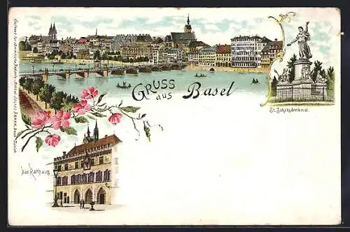 Lithographie Basel, Rathaus mit Passanten, St. Jakobsdenkmal, Teilansicht vom Ort