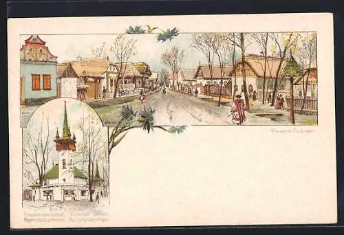 Lithographie Budapest, Exposition millenaire, Rue hongrois et l`eglise