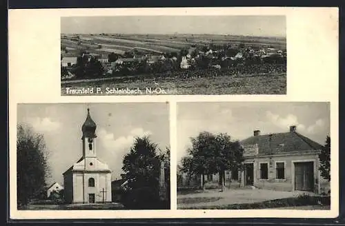 AK Hochleithen /N.-Oe., Traunfeld, Kirche, Gasthaus zur Gemütlichkeit, Ortsansicht