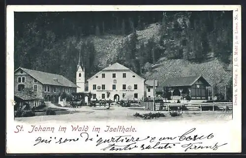 AK St. Johann i. Wald, Ortspartie am Gasthaus im Iselthale