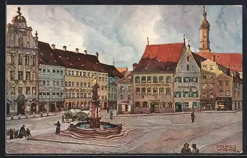 Künstler-AK Landsberg a. Lech, Brunnen auf dem Hauptplatz