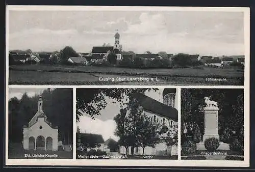 AK Eresing a. L., Skt. Ulrichs-Kapelle, Mariensäule Gastwirtschaft und Kirche, Kriegerdenkmal