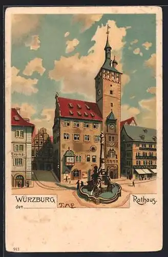 Lithographie Würzburg, Brunnen vor dem Rathaus