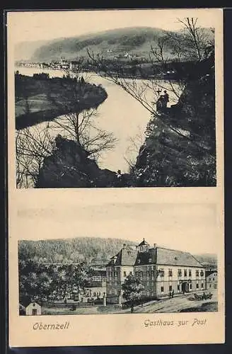 AK Obernzell, Blick zum Ort, Gasthaus zur Post, Kutsche