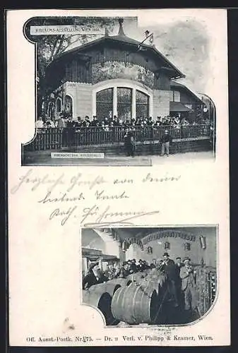 AK Wien, Jubiläums-Ausstellung 1898, Niederösterr. Winzerhaus, Innenansicht m. Fässern