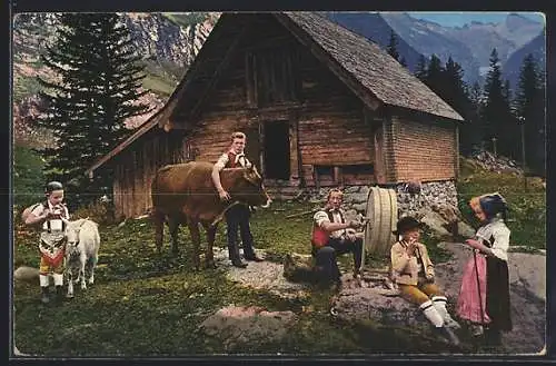 AK Schweizer in Tracht vor Appenzeller Sennhütte