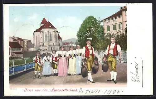 AK Appenzell, Schweizer in Tracht vor einer Kirche