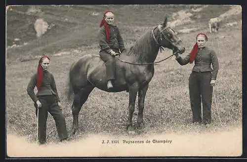 AK Bäuerinnen aus Champéry in Tracht mit Pferd