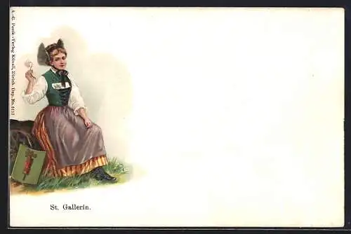 Lithographie St. Gallen, St. Gallerin in Tracht mit Blume, Wappen