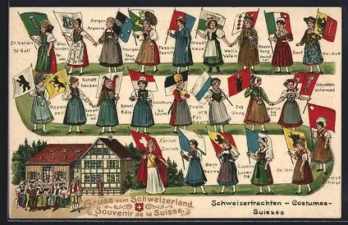 Künstler-AK Basel, Schweizertrachten, Tracht von St. Gallen, Aargau und Tessin