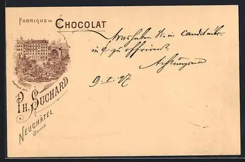 AK Neuchatel, Fabrique de Chocolat Ph. Suchard, Reklame für Schokolade, Fabrik No. 3