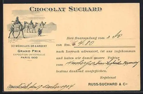 AK Cacao Suchard, Exposition universelle Paris 1900, Reklame für Kakao, Kamel-Karawane