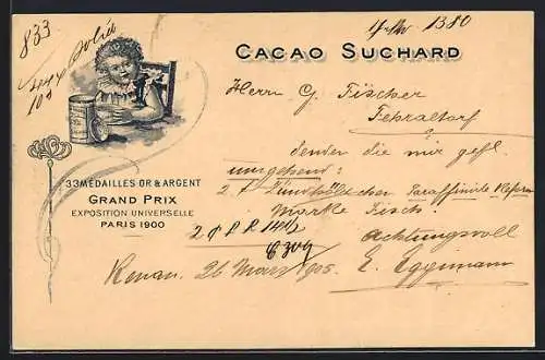 AK Cacao Suchard, Exposition universelle Paris 1900, Reklame für Kakao