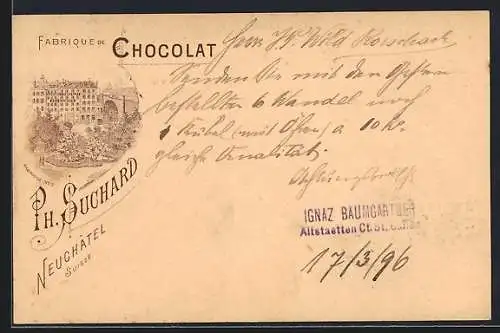 AK Neuchatel, Fabrique de Chocolat Ph. Suchard, Reklame für Schokolade