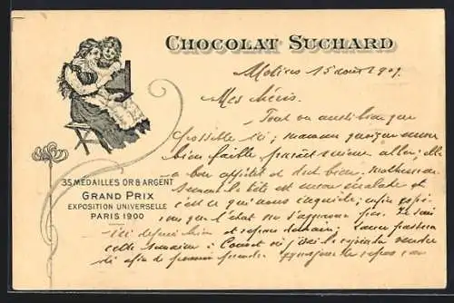 Lithographie Mutter und Tochter mit einer Tafel Chocolat Suchard, Reklame