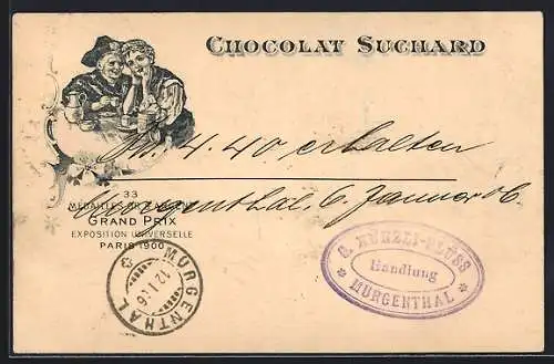 Lithographie Zwei Damen trinken Kakao von Chocolat Suchard