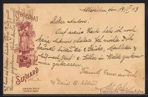 Lithographie Kleines Mädchen mit einer Karre voll Produkten von Chocolat Suchard