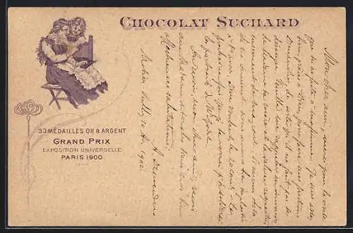 Lithographie Mutter gibt ihrer kleinen Tochter ein wenig Chocolate Suchard