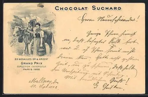 Lithographie Bauer und Bäuerin mit ihrer Kuh, Chocolat Suchard