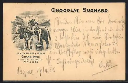 Lithographie Bauernpaar mit ihrer Milchkuh, Chocolat Suchard