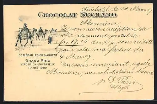 Lithographie Eine Karawane transportiert Ladungen von Chocolat Suchard durch die Wüste